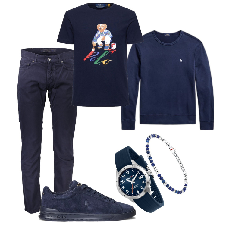 Outfit uomo - Blu totale con l’orsacchiotto. Stile Trendy per Tutti i giorni. Abbinamento con orologi, sneakers, felpe, pantaloni, t-shirt.