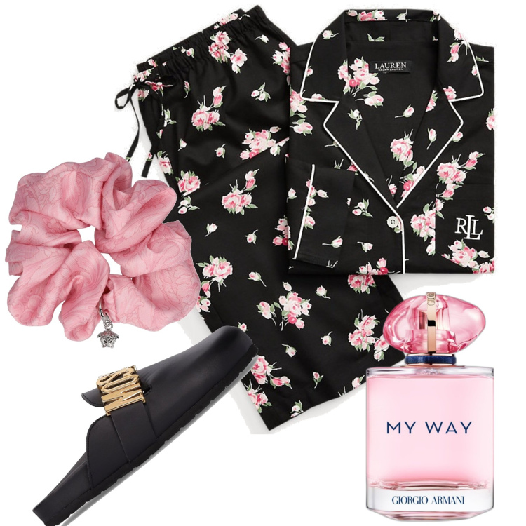 Outfit donna - Relax. Stile Romantica per Tutti i giorni. Abbinamento con profumi, pigiama, pantofole, accessori per capelli.