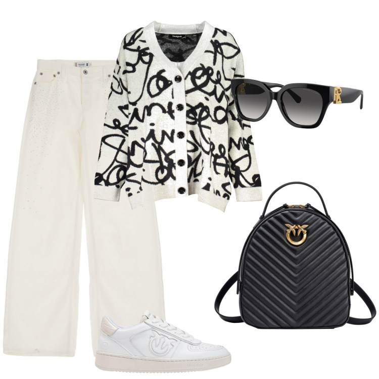 Outfit donna - Passeggiata in città. Stile Sporty chic Abbinamento con sneakers, zaini, pantaloni, occhiali da sole, cardigans.