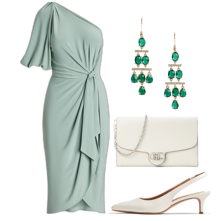 Outfit donna - Monospalla acqua. Stile Chic per Cerimonia. Abbinamento con décolleté, vestiti asimmetrici, borse a tracolla, orecchini.