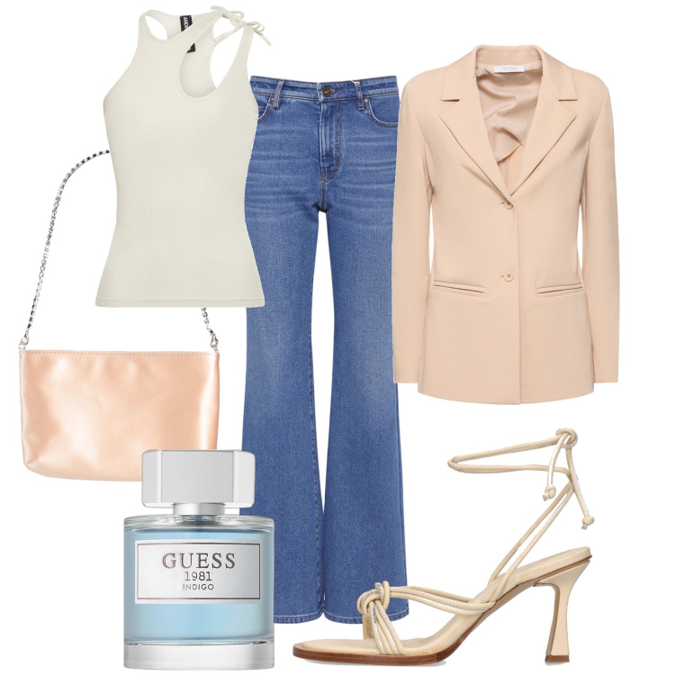 Outfit donna - Con i saldi da mattina a sera. Stile Casual chic per Tutti i giorni. Abbinamento con borse a mano, profumi, blazer, jeans, top, sandali in pelle.