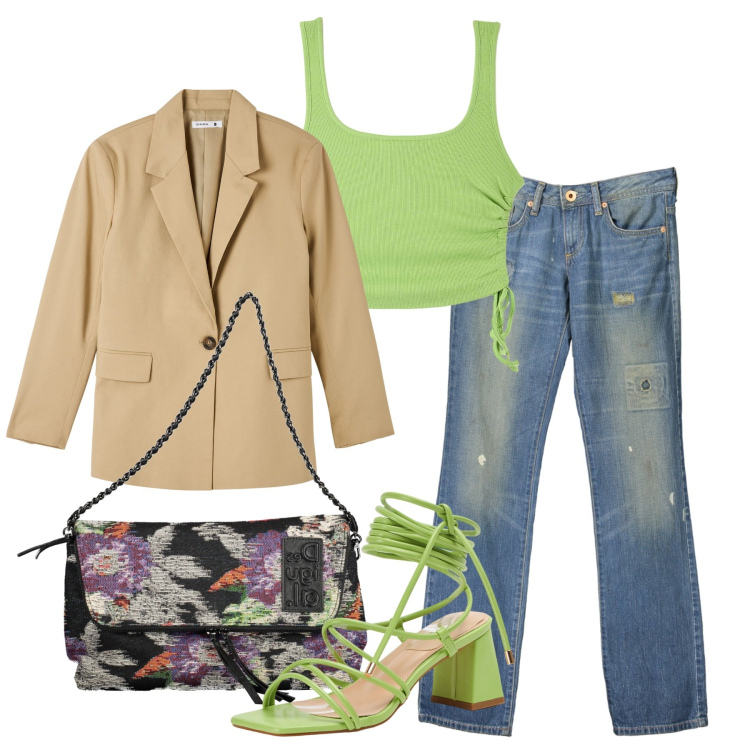 Outfit donna - Verde mela. Stile Bon Ton per Tutti i giorni. Abbinamento con blazer, top, sandali alla schiava, jeans dritti, borse a mano.