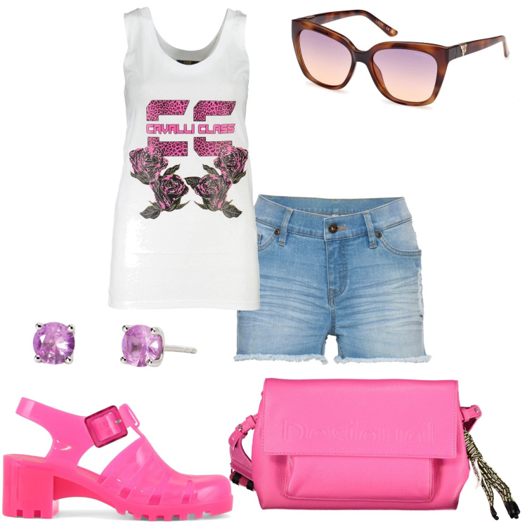 Outfit donna - Edtate in shorts e canottiera. Stile Casual per Tutti i giorni. Abbinamento con shorts, orecchini, sandali col tacco, canottiere, borse a spalla, occhiali da sole.