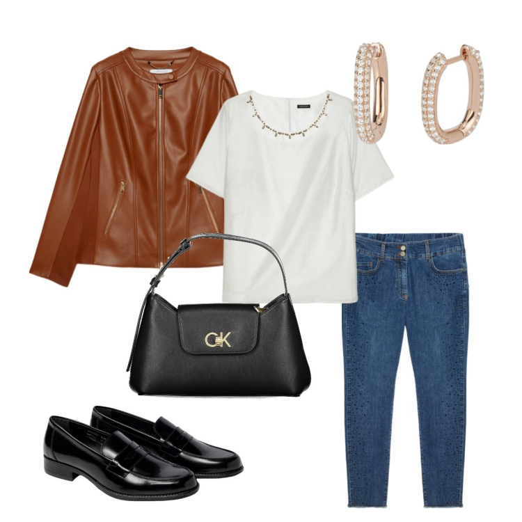 Outfit donna - In ufficio comoda ma chic. Stile Casual chic per Ufficio. Abbinamento con orecchini, bluse, jeans skinny, mocassini, blazer, borse a spalla.