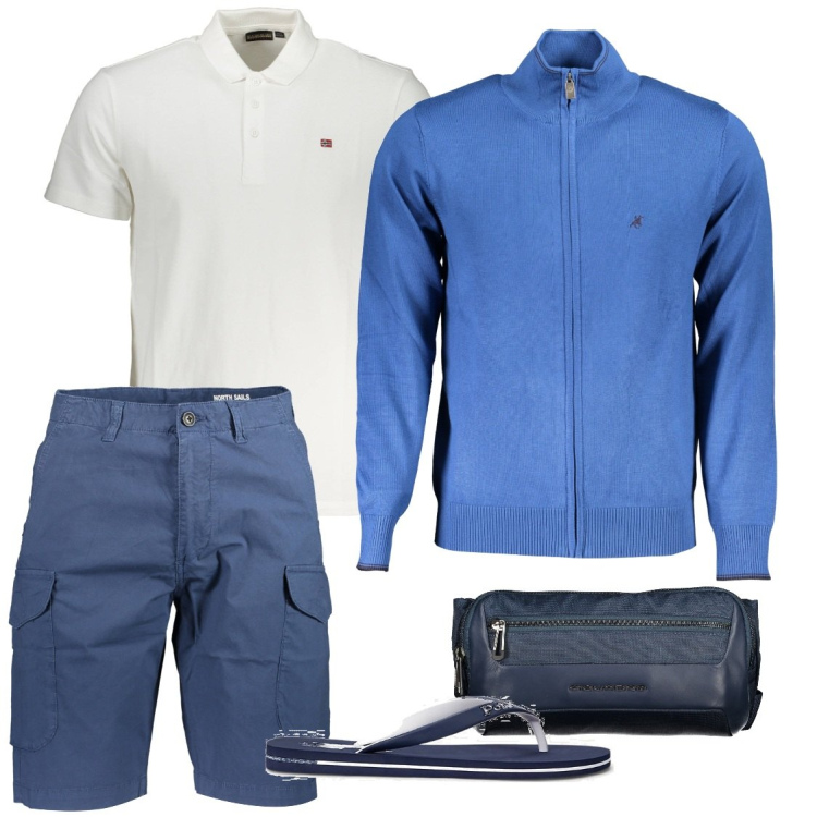 Outfit uomo - Domenica in barca. Stile Casual per Sport. Abbinamento con sandali, cardigans, bermuda, borse sportive, polo.