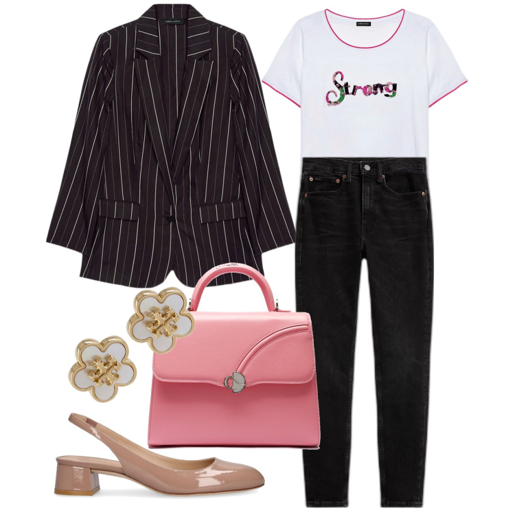 Outfit donna - Gessato mon amour. Stile Casual chic per Tutti i giorni. Abbinamento con jeans slim fit, blazer, décolleté, t-shirt, orecchini, borse a mano.