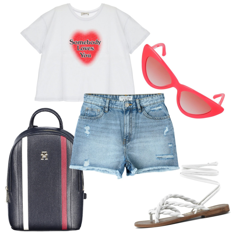 Outfit donna - Summer vibe. Stile Casual per Tutti i giorni. Abbinamento con shorts, t-shirt, occhiali da sole, sandali, zaini.