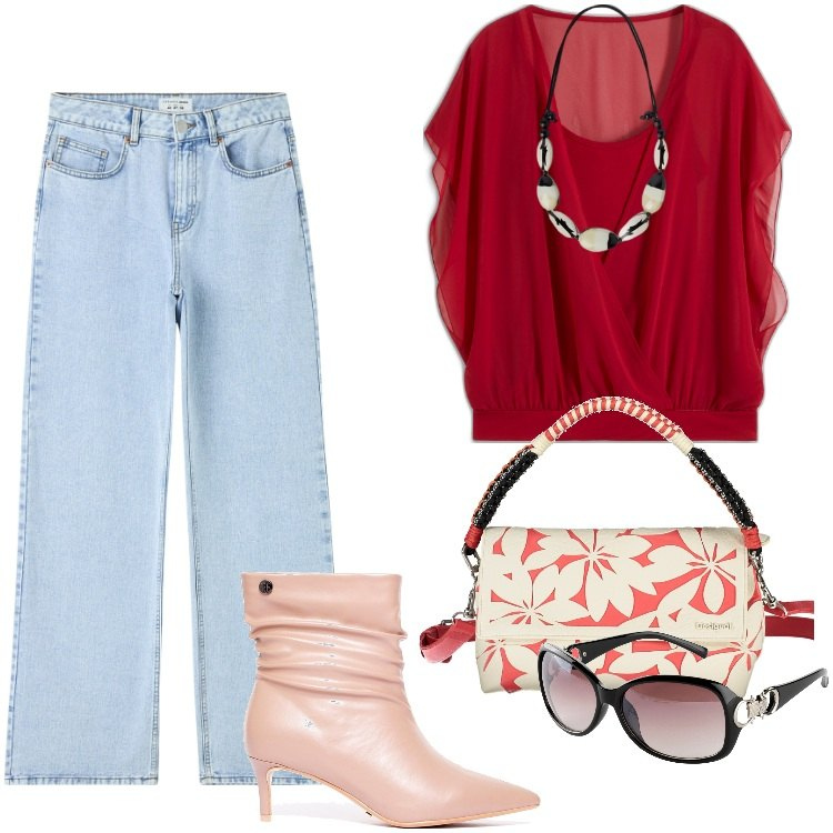 Outfit donna - Total look #1858540. Stile Casual chic per Tutti i giorni. Abbinamento con bluse, occhiali da sole, jeans, stivaletti, collane, borse a spalla.