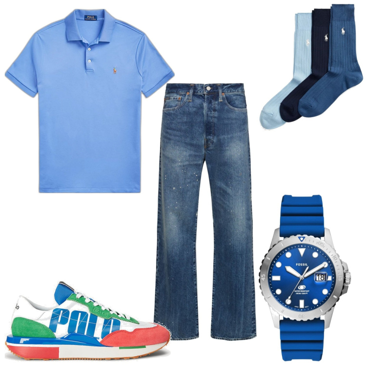 Outfit uomo - La polo azzurra. Stile Urban per Tutti i giorni. Abbinamento con orologi, calzini, sneakers, polo, jeans dritti.