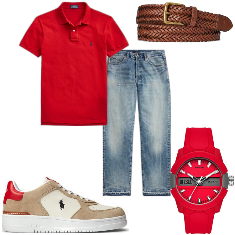 Outfit uomo - La polo e orologio rosso. Stile Urban per Tutti i giorni. Abbinamento con orologi, polo, sneakers, jeans dritti, cinture.