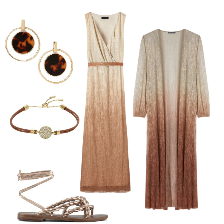 Outfit donna - Un te nel deserto. Stile Etnico per Serata fuori. Abbinamento con braccialetti, orecchini, sandali, vestiti lunghi, cardigans.