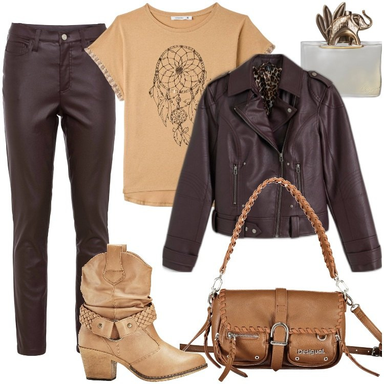 Outfit donna - Total look #1858554. Stile Boho per Tutti i giorni. Abbinamento con blazer, stivaletti texani, pantaloni skinny, profumi, t-shirt, borse a spalla.