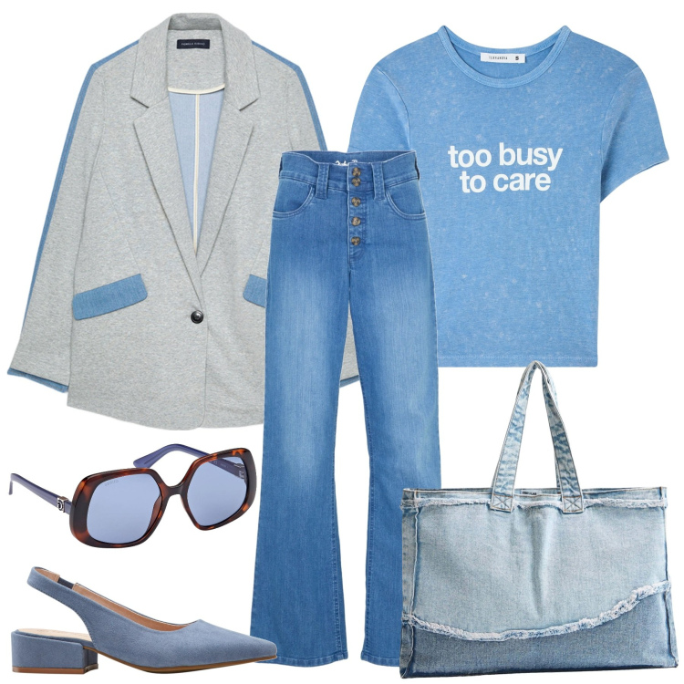 Outfit donna - In blu. Stile Casual chic per Tutti i giorni. Abbinamento con décolleté, jeans dritti, t-shirt, shopping bag, blazer, occhiali da sole.