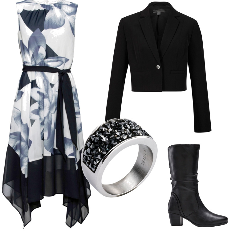 Outfit donna - Total look #1858562. Stile Casual chic Abbinamento con stivali, vestiti, blazer, anelli.