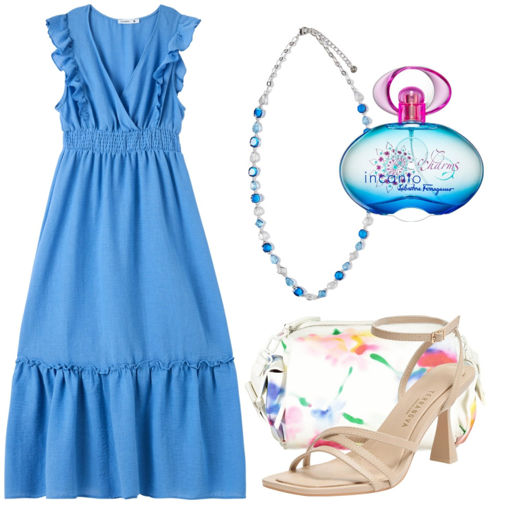 Outfit donna - Total look #1858589. Stile Boho per Tutti i giorni. Abbinamento con profumi, vestiti lunghi, sandali col tacco, borse a tracolla, collane.