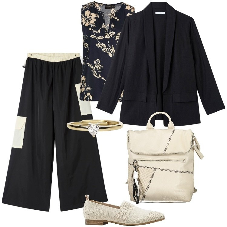 Outfit donna - Total look #1858590. Stile Boho per Tutti i giorni. Abbinamento con top, mocassini, pantaloni cargo, blazer, anelli, zaini.