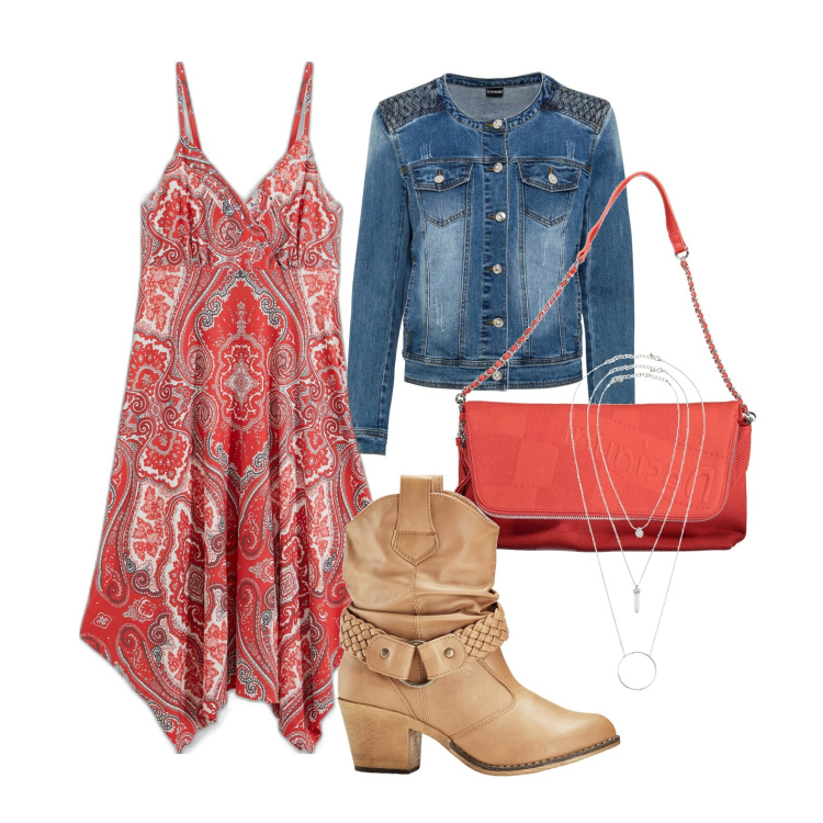 Outfit donna - Ghost outfitter - aprile. Stile Boho per Tutti i giorni. Abbinamento con ciondoli, vestiti, stivaletti texani, blazer, borse a mano.