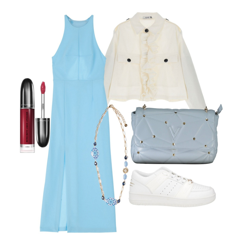 Outfit donna - Ghost outfitter - aprile. Stile Trendy per Tutti i giorni. Abbinamento con sneakers, rossetti, blazer, vestiti midi/longuette, ciondoli, borse a tracolla.