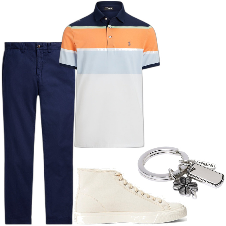 Outfit uomo - Polo elegante abbinata alle sneakers. Stile Casual per Tutti i giorni. Abbinamento con portachiavi, sneakers, pantaloni, polo.