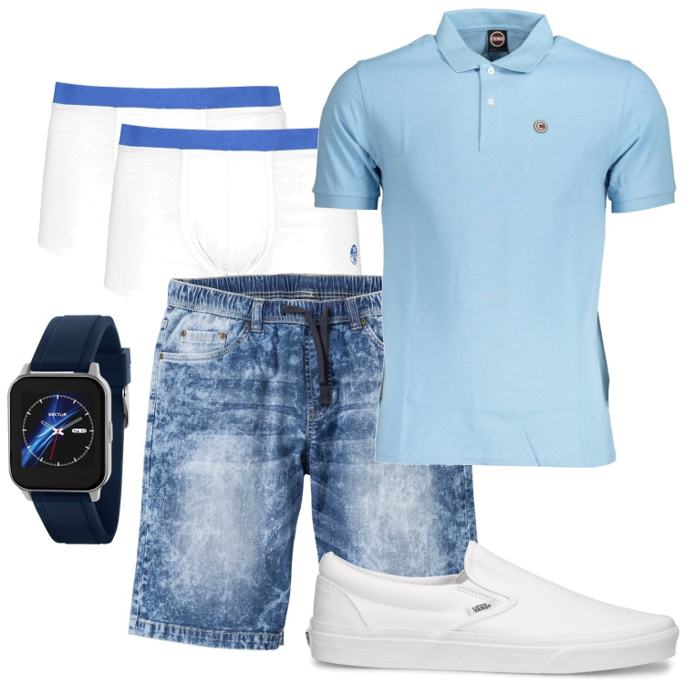 Outfit uomo - Le tonalità del blu. Stile Casual per Tutti i giorni. Abbinamento con bermuda, orologi, boxer, polo, sneakers.