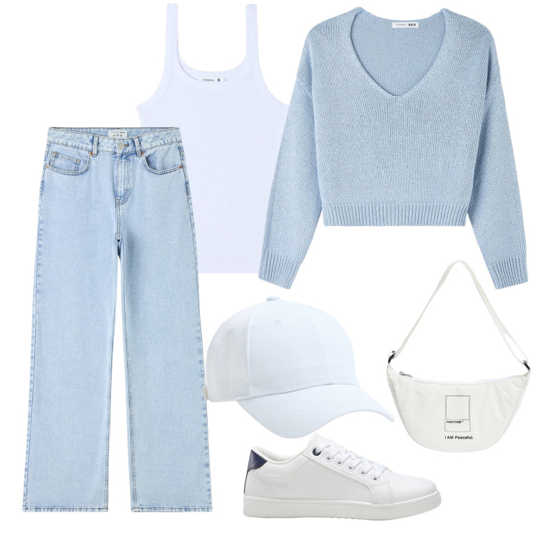Outfit donna - Spring easy. Stile Basic per Tutti i giorni. Abbinamento con sneakers, cappelli, jeans, marsupi, maglieria, canottiere.