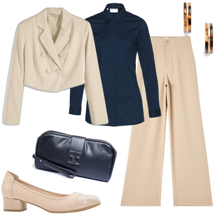 Outfit donna - Total look #1858638. Stile Casual per Ufficio. Abbinamento con camicie, blazer, décolleté, pantaloni, pochette, orecchini.