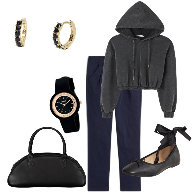 Outfit donna - Ballerine. Stile Casual chic per Tutti i giorni. Abbinamento con pantaloni chino, orologi, ballerine, felpe con cappuccio, orecchini, borse a spalla.