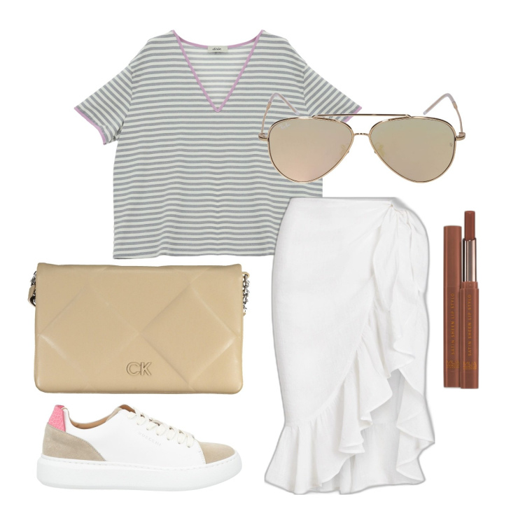 Outfit donna - Ghost outfitter - aprile. Stile Casual per Tutti i giorni. Abbinamento con sneakers, rossetti, t-shirt, gonne, borse a tracolla, occhiali da sole.