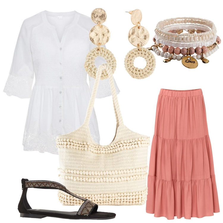 Outfit donna - Boho in primavera -Donna Curvy. Stile Boho per Tutti i giorni. Abbinamento con gonne longuette, braccialetti, camicie, shopping bag, orecchini, sandali.