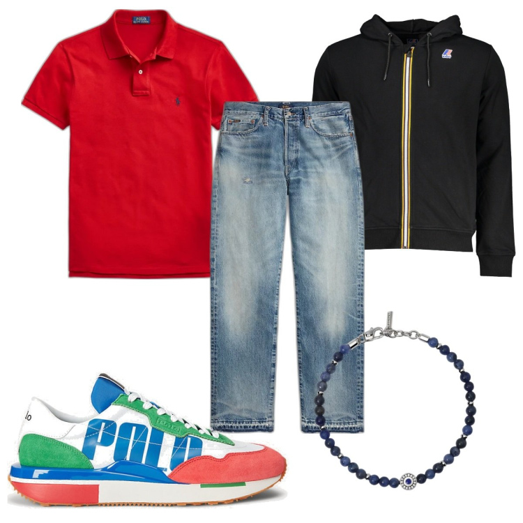 Outfit uomo - Total look #1858650. Stile Trendy per Tutti i giorni. Abbinamento con braccialetti, polo, jeans dritti, sneakers, felpe con cappuccio.
