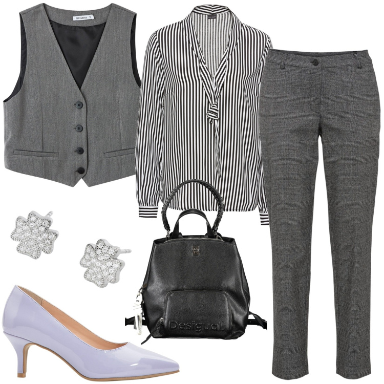 Outfit donna - Total look #1858669. Stile Casual per Ufficio. Abbinamento con pantaloni, bluse, décolleté, gilet, orecchini, zaini.