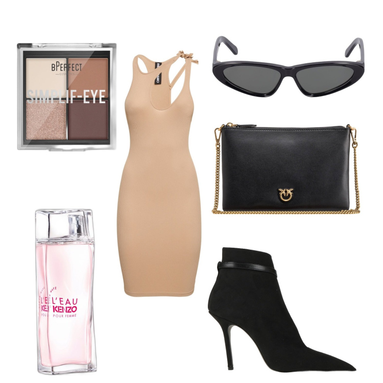 Outfit donna - La primavera è arrivata. Abbinamento con stivaletti, profumi, ombretti, borse a tracolla, vestiti, occhiali da sole.