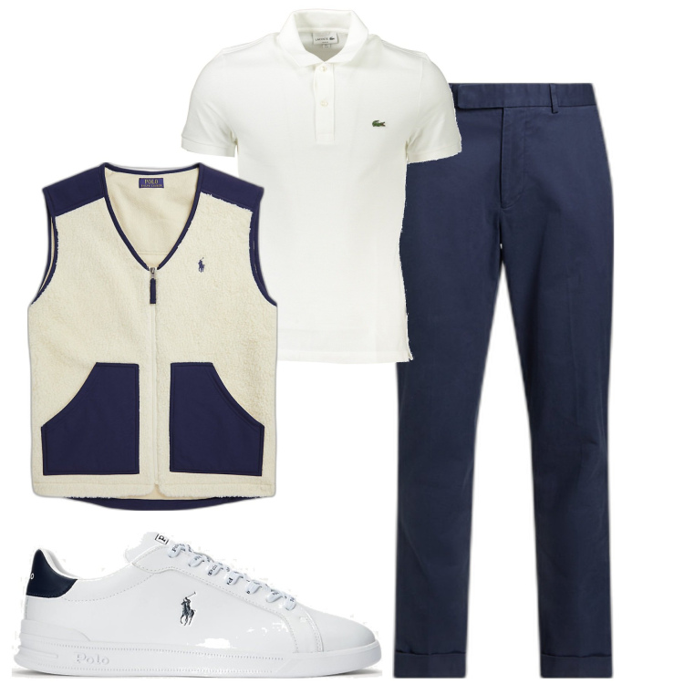 Outfit uomo - City. Stile Casual per Tutti i giorni. Abbinamento con sneakers, gilet, pantaloni chino, polo.