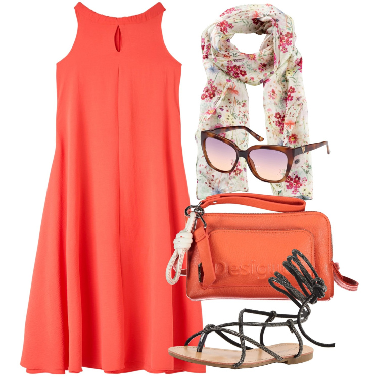 Outfit donna - Toni accesi. Stile Bon Ton per Tutti i giorni. Abbinamento con foulard, vestiti senza maniche, sandali alla schiava, borse a tracolla, occhiali da sole.