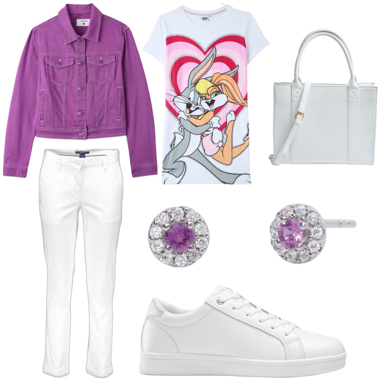 Outfit donna - Viola per tutte le occasioni. Stile Casual per Tutti i giorni. Abbinamento con sneakers, t-shirt, blazer, shopping bag, orecchini, pantaloni.