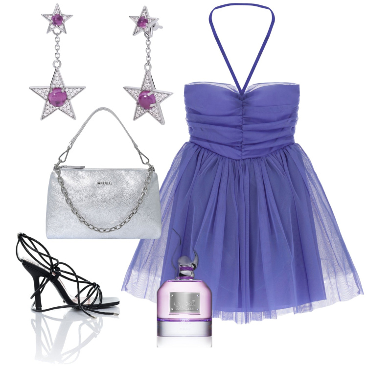 Outfit donna - Cenerentola al ballo2024. Stile Glamour per Serata fuori. Abbinamento con profumi, orecchini, pochette, vestiti corti, sandali alla schiava.