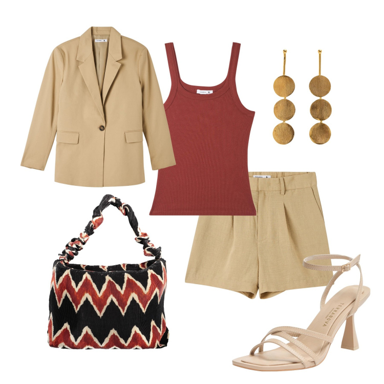 Outfit donna - Terra nostra. Stile Glamour per Tutti i giorni. Abbinamento con bermuda, blazer, canottiere, sandali col tacco, borse a spalla, orecchini.