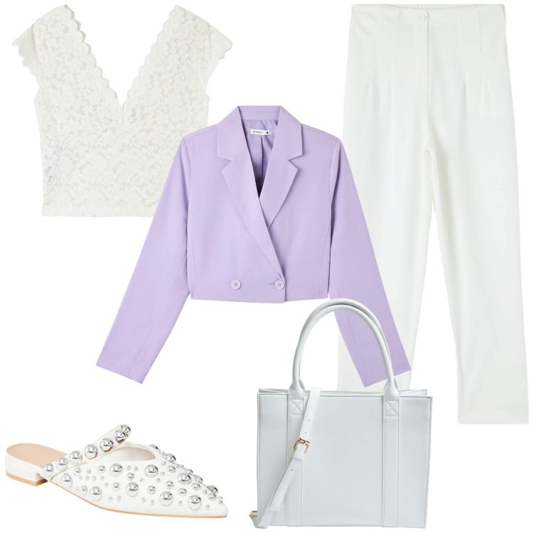 Outfit donna - Terranova mid season. Stile Casual chic per Ufficio. Abbinamento con pantaloni chino, t-shirt, ballerine, blazer, shopping bag.