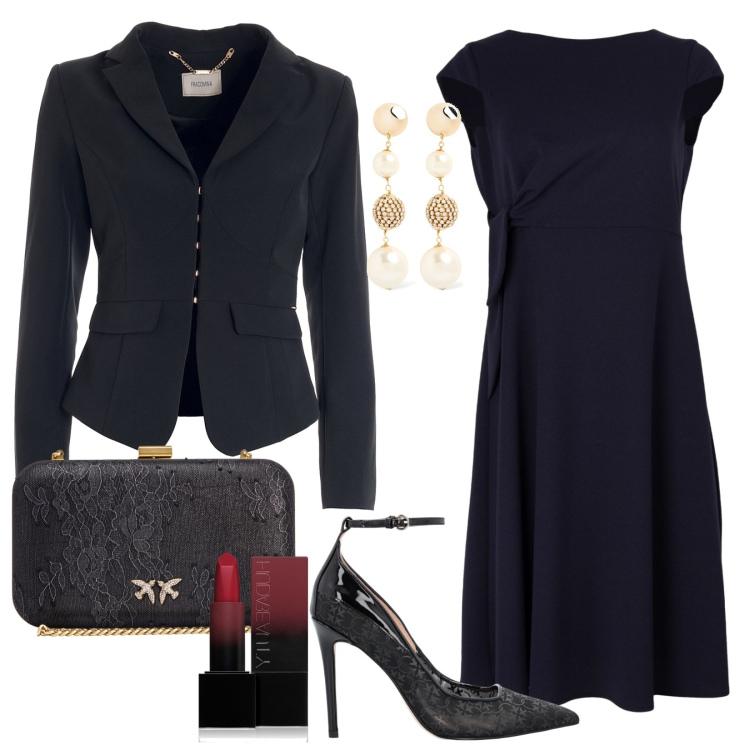 Outfit donna - Black forever. Stile Chic per Serata fuori. Abbinamento con rossetti, décolleté, clutch, blazer, vestiti midi/longuette, orecchini.