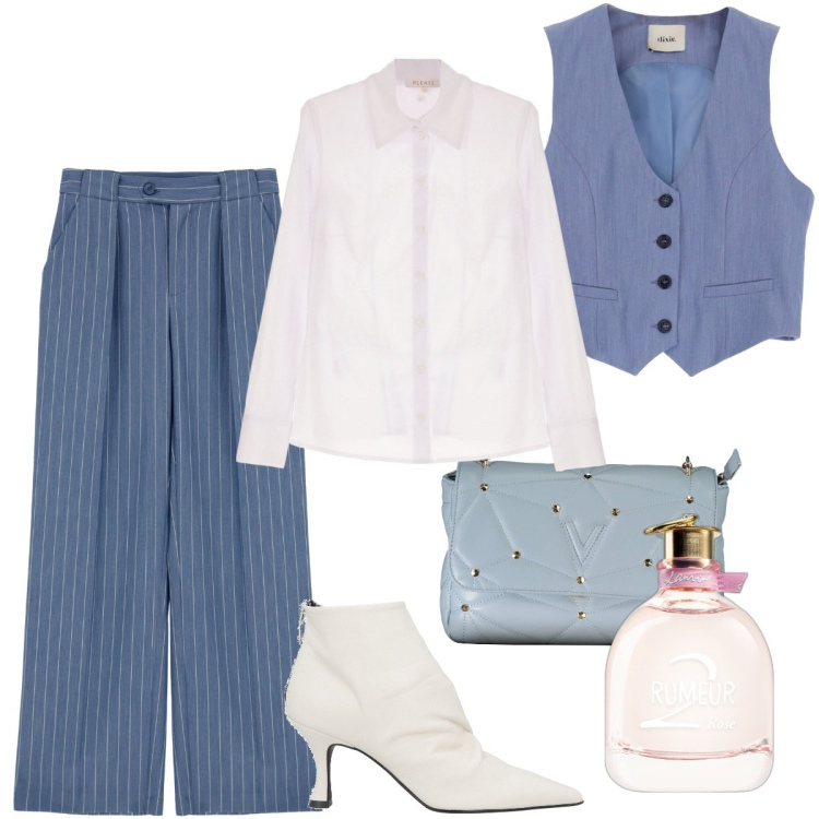 Outfit donna - Azzurro cenere. Stile Casual chic per Cerimonia. Abbinamento con stivaletti, profumi, camicie, pantaloni, gilet, borse a tracolla.