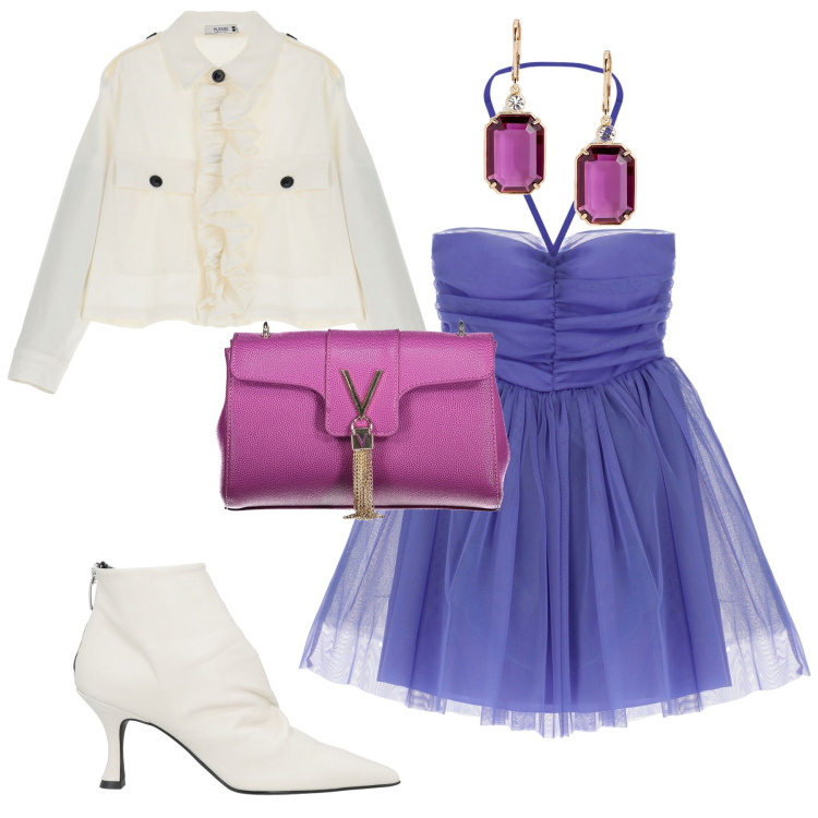 Outfit donna - Serata glamour evento compleanno. Stile Glamour per Serata fuori. Abbinamento con stivaletti, blazer, vestiti corti, orecchini, borse a tracolla.