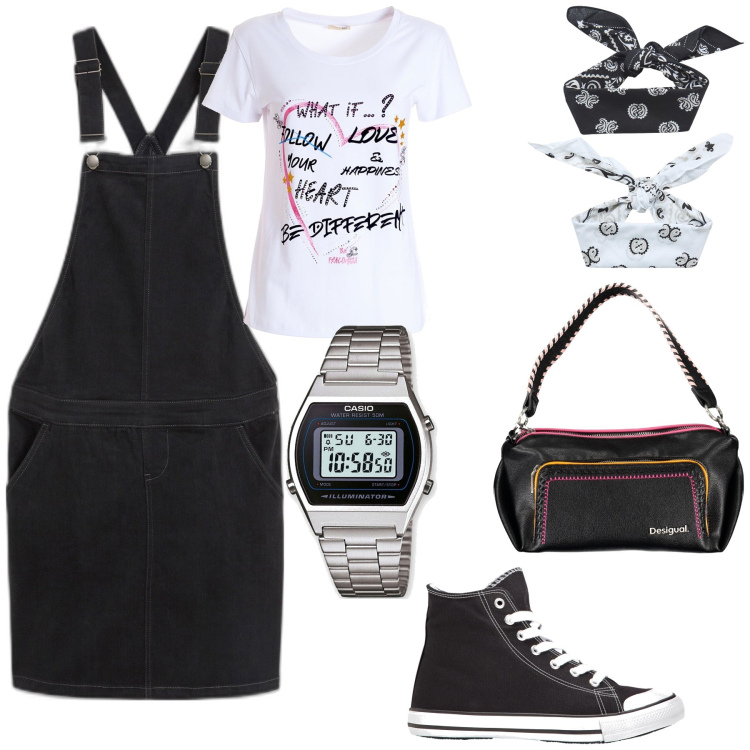 Outfit donna - Total look #1858818. Stile Casual per Tutti i giorni. Abbinamento con sneakers alte, vestiti, orologi, fasce per capelli, t-shirt, borse a spalla.