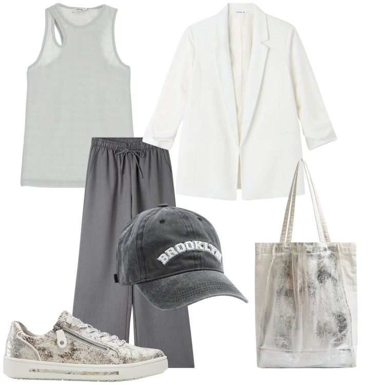 Outfit donna - Urban casual. Stile Urban per Tutti i giorni. Abbinamento con sneakers, cappelli, pantaloni, shopping bag, blazer, top.