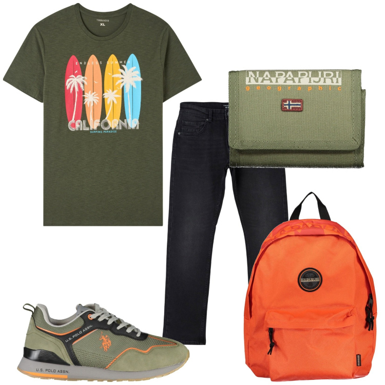 Outfit uomo - In attività. Stile Casual per Tutti i giorni. Abbinamento con t-shirt, jeans dritti, scarpe sportive, portafogli, borse sportive.