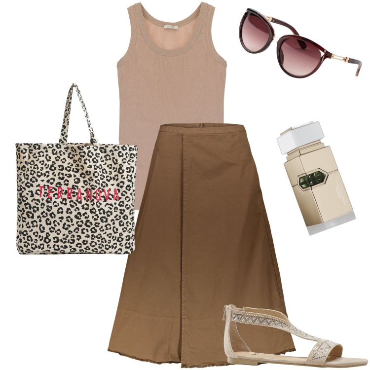 Outfit donna - I colori della terra. Stile Casual chic per Ufficio. Abbinamento con occhiali da sole, sandali, profumi, shopping bag, top, gonne lunghe.