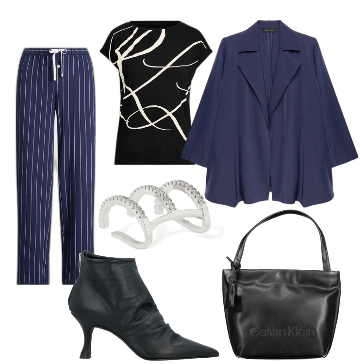 Outfit donna - In centro. Stile Casual chic per Ufficio. Abbinamento con stivaletti, maglieria, pantaloni, blazer, borse a spalla, orecchini.