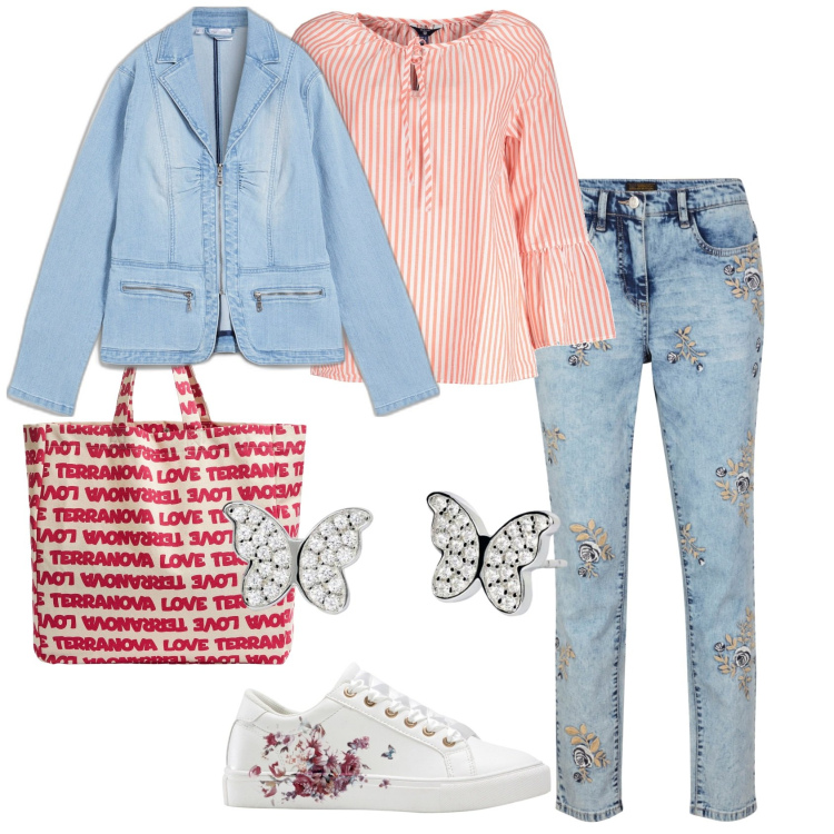 Outfit donna - L\'amica estrosa con i jeans fioriti. Stile Casual chic per Tutti i giorni. Abbinamento con sneakers, jeans, blazer, borse tote, orecchini, maglieria.