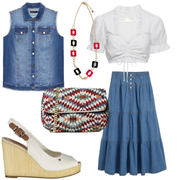 Outfit donna - Boho in primavera -Donna Curvy , 2. Stile Boho per Tutti i giorni. Abbinamento con camicie, gonne, pochette, sandali, ciondoli, gilet.