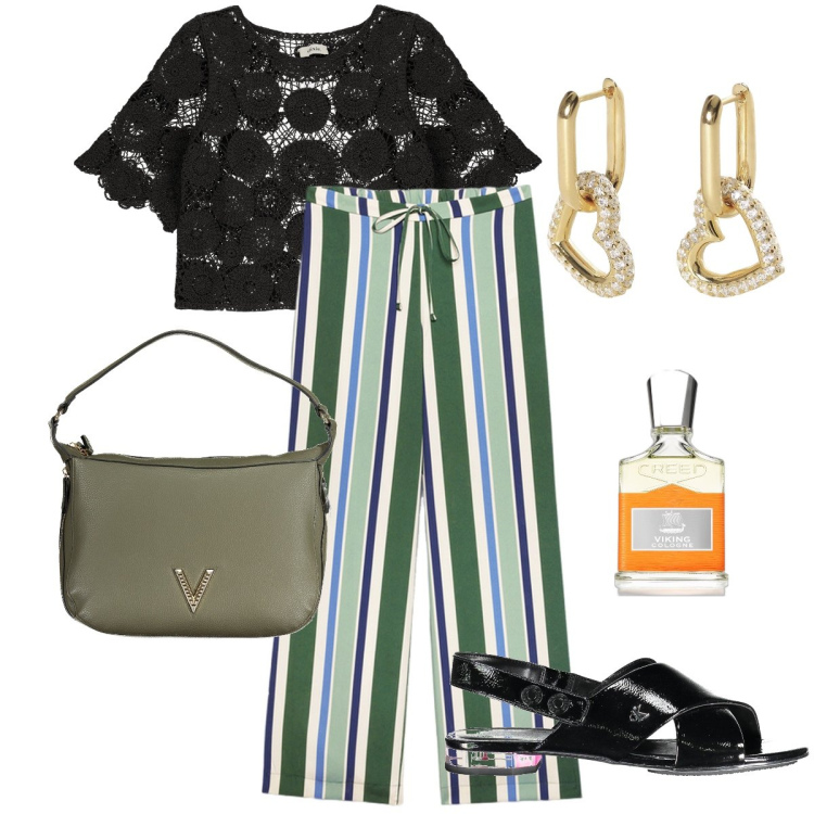Outfit donna - Righe verdi. Stile Bon Ton per Ufficio. Abbinamento con profumi, orecchini, maglieria, sandali col tacco, pantaloni, borse a spalla.
