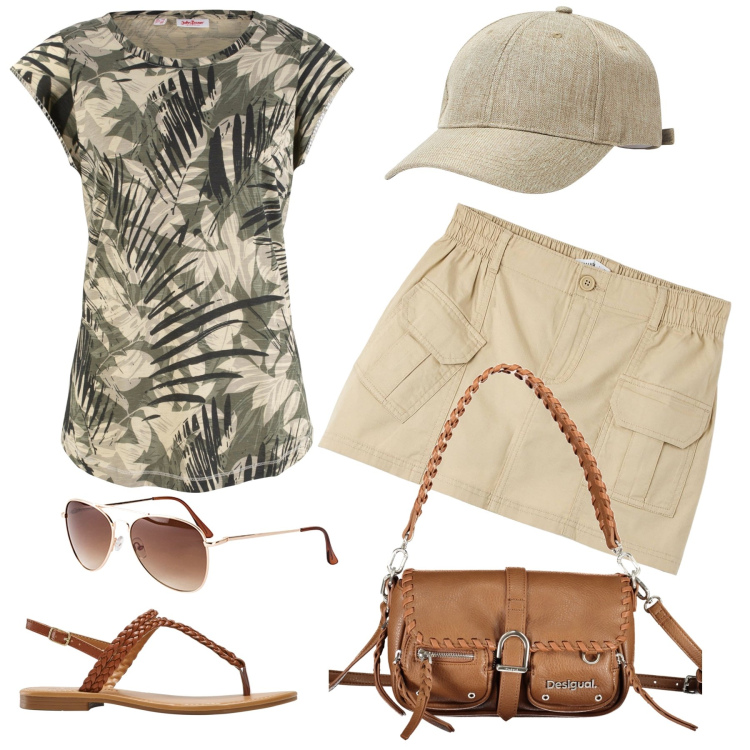 Outfit donna - Jungle. Stile Urban per Tutti i giorni. Abbinamento con maglieria, occhiali da sole, ciabatte, minigonne, cappelli, borse a spalla.